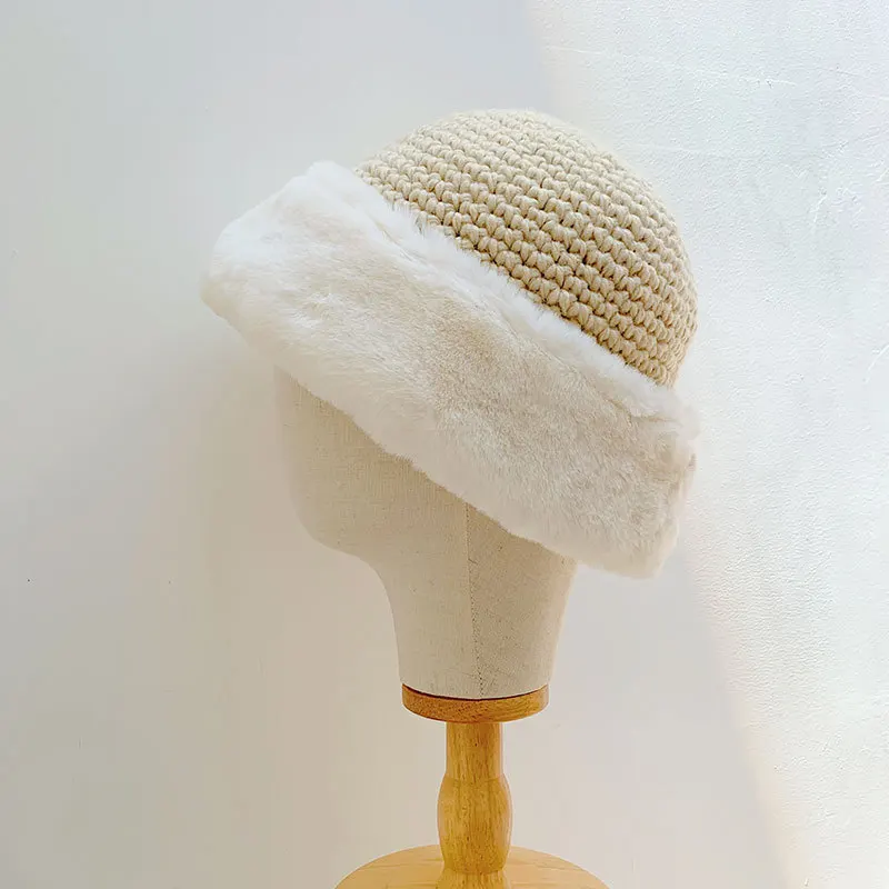 Hat women's autumn and winter thickened woolen knitted fisherman hat Baotou cap imitation fur warm | Аксессуары для одежды