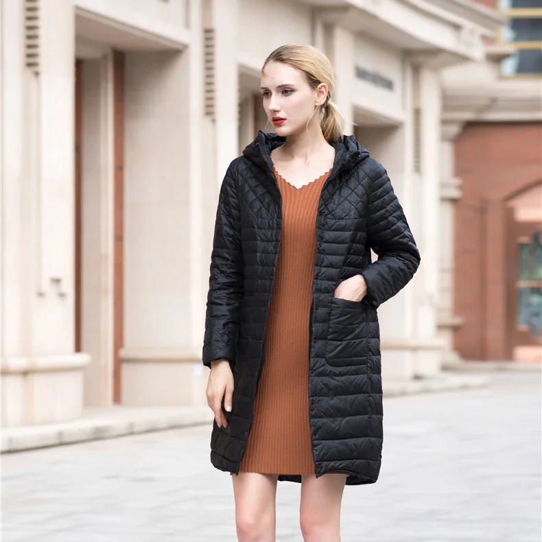Europe And America WOMEN'S Dress Women's Mid-length Thin Large Size down Jacket Hooded Winter Coat Pin Outbound Hot Selling