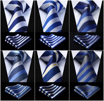 

Party Wedding Men's Woven Silk Ties Pocket Square Set Striped Navy Blue Jacquard Necktie Handkerchief Set