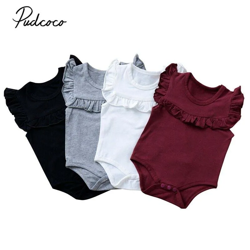 

2020 Baby Summer Clothing Newborn Baby Girl Clothes Ruffled Sleeveless Bodysuit Solid Playsuit Jumpsuit Outfits Sunsuit