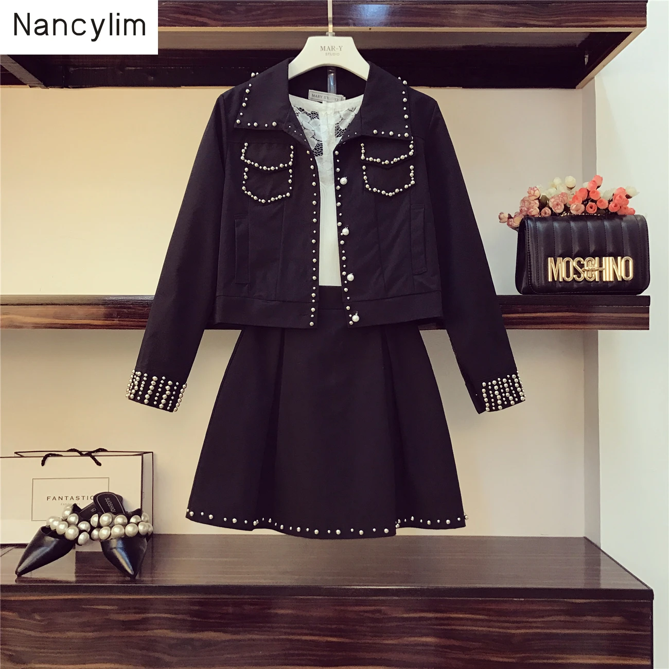 

Autumn Sets Women Personality Punk Locomotive Nail Bead Short Suit Coat + High Waist Skirt Two-piece Suit Female Lady Skirts Set