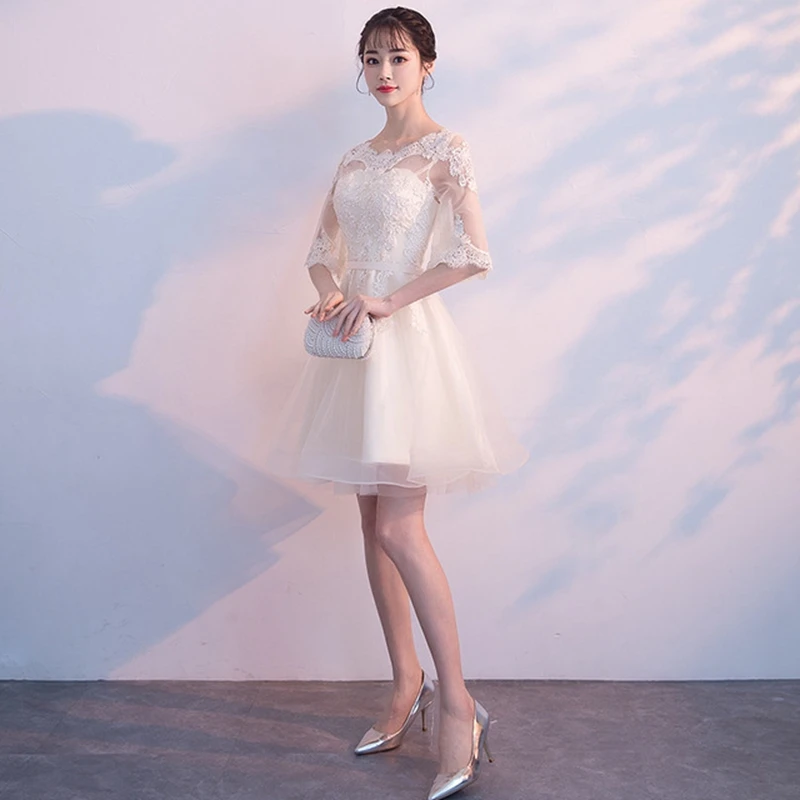 Белое Кружевное женское платье Cheongsam азиатское свадебное вечернее платье с вырезом и круглым вырезом длинное платье Qipao платье из сетчатой ткани для выпускного вечера - Цвет: champagne 2
