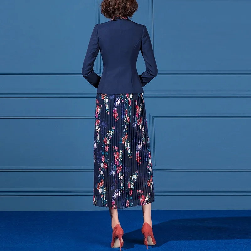 Dress Suit 2 Piece Set Bow Tie Neck Women Elegant Floral Print Long Pleated Dress For Office Lady Spring Autumn Blazer Jacket