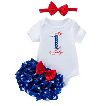 

3PCs per Set Baby Rompers Infant Clothing Little Miss 1st July Day Baby Girls Red Bow Headband Blue Satin Stars PP Bloomers
