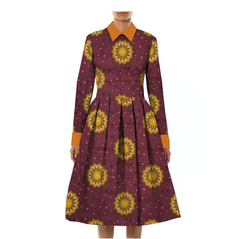 

African Women Batik Print Turn-Down Collar Pleated Formal Dress 2020 New Design Traditonal Print Longsleeve Full Dress