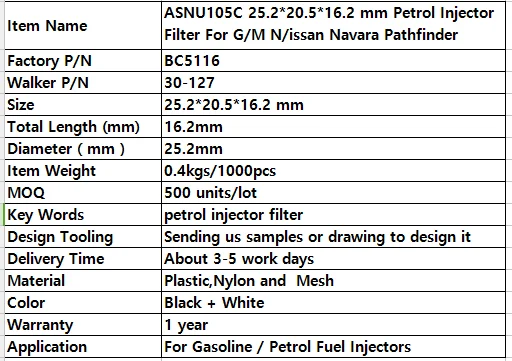 ASNU105C 25,2*20,5*16,2 мм топливный инжектор фильтр для G/M Nissan Navara Pathfinder