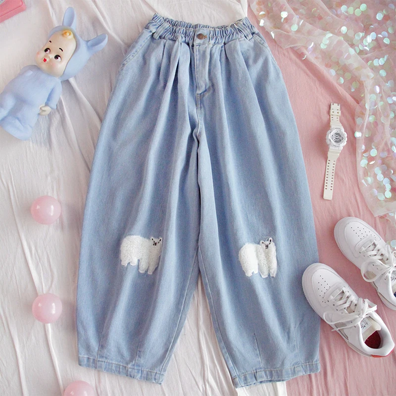 Japanese Kawaii Denim Wide Leg Pants Women Jeans High Waist Loose Casual Trousers Female Harajuku Street Cute Girls Harem Pants Japanese Kawaii Denim Wide Leg Pants Women Jeans High Waist Loose Casual Trousers Female Harajuku Street Cute Girls Harem Pants