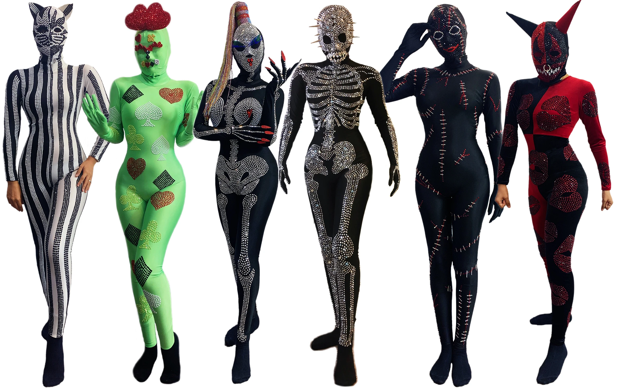 Halloween Outfit Bodysuit Singer Party Show Shining Wear Stage Rhinestone Costume Skull mask headgear Cosplay Adult Scary