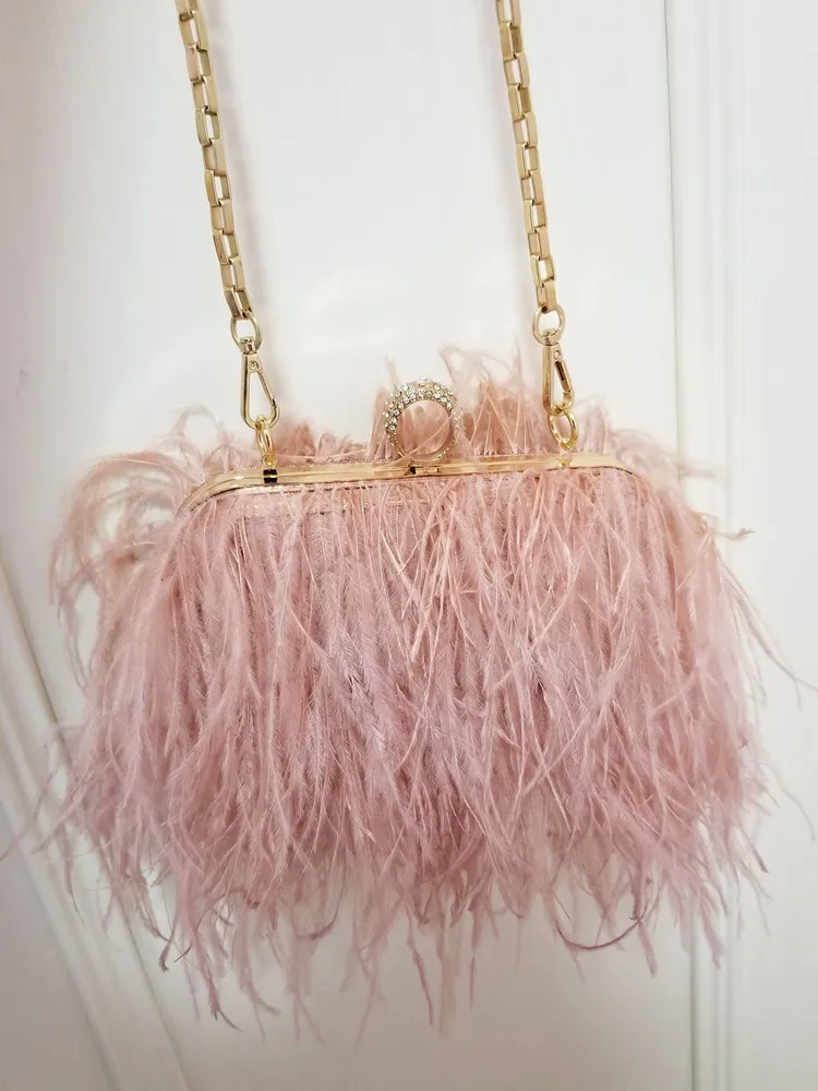 2022 Luxury Ostrich Feather Party Evening Clutch Bag Women Wedding Purses and Handbags Small Shoulder Chain Bag Designer Bag
