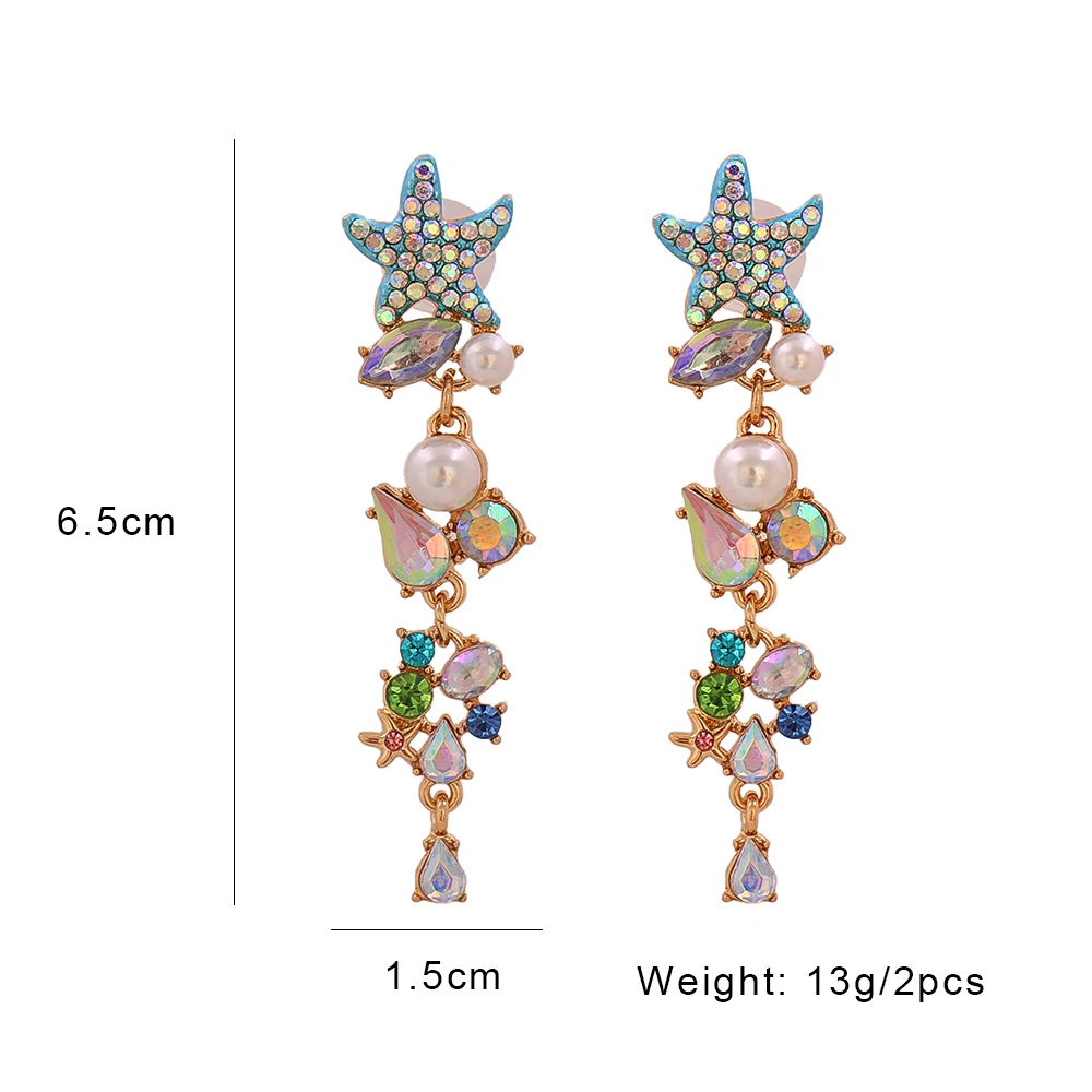 Starfish Earrings Summer Crystal Dangle Drop For Women Sandy beach Pearl Zircon