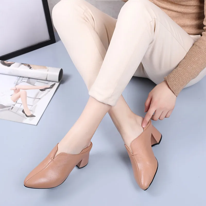 Genuine Leather Thick Heels Deep Mouth Single Shoes Women New Spring And Autumn new Lady's Shoes Cowhide High Heels