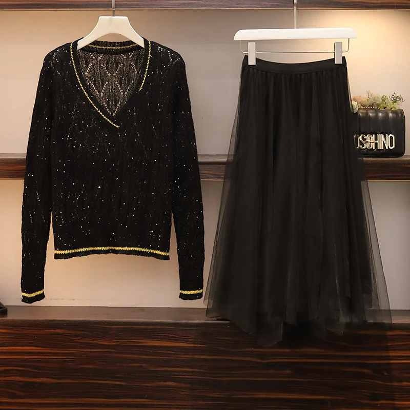 

Random Women Hollow Sweatert+Mesh Skirts Suits Sequin Solid Tops Vintage Skirt Sets Elegant Woman Two Piece Set Large Plus Size