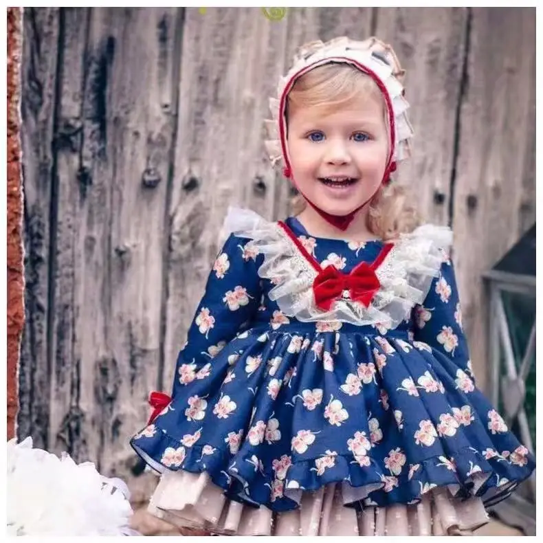 3PCS Baby Girl Spring Autumn Summer Navy Blue Vintage Spanish Pompom Ball Lolita Princess Dress for Eid Birthday Casual | Детская одежда