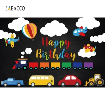 

Laeacco Birthday Photography White Clouds Hot Air Balloon Photo Backgrounds Train Transportation Photography Backdrops For Boy