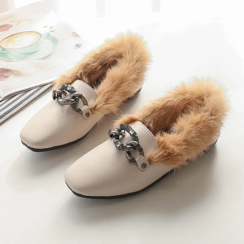 Beige PU Leather С металлическими цепочками; обувь из плюша; зимняя женская обувь с кроличьим мехом; мокасины на меху Дамская обувь теплые офисные лоферы, кожаные туфли на кроличьем меху - Цвет: Beige PU Leather