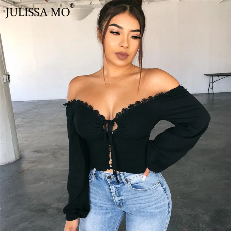 JULISSA MO белые сексуальные футболки с открытыми плечами женские топы Осенняя футболка без бретелек на шнуровке модная футболка для вечеринки с длинным рукавом