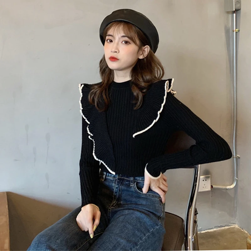 Sweater Women Fashion 2019 Autumn Winter Black Tops Female Knitted Pullovers Long Sleeve Ruffled Jumper Pull Femme Clothing Sweater Women Fashion 2019 Autumn Winter Black Tops Female Knitted Pullovers Long Sleeve Ruffled Jumper Pull Femme Clothing