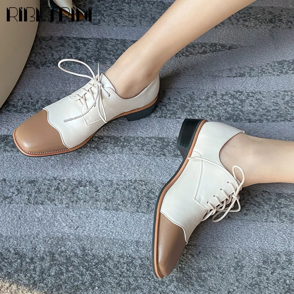 

RIBETRINI Brand Fashion Lady Lace Up Sewing Mixed Color Office Shoes Woman Flats Women Spring Autumn Casual Comfortable Flats