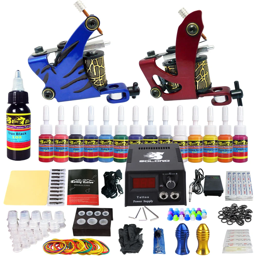 Stigma New Full Tattoo Kit Starter/Professional Tattoo Machine 2 Pro Coil Guns Power Supply Grips Tips Tubes Power Supply TK210