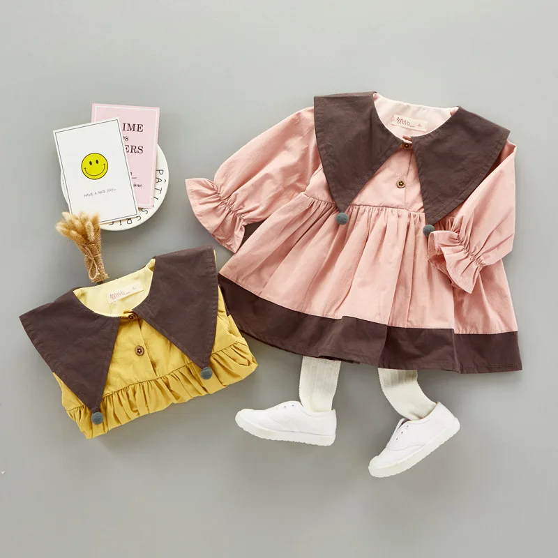 VIMIKID/платья для маленьких девочек коллекция года, Осеннее корейское однотонное платье принцессы с длинными рукавами и большим отворотом детская одежда, платья