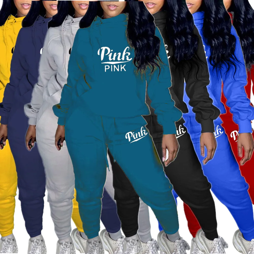 

Pink Letter Print 2 Two Piece Set Women's Sport Suit Hooded Full Sleeve Pockets Sweatshirt Hoodie+long Sweatpant Casual Outfits
