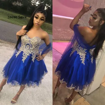 

Modest Blue Evening Dress Short Sweetheart Gold Appliques Prom Dresses 2019 African Women Formal Party Gowns Graduation Dress