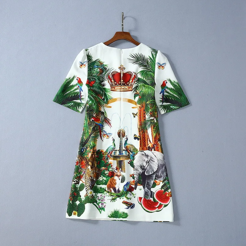 Spring for European and American women's wear 5 minutes of sleeve Animal print heavy industry nail bead crown dress