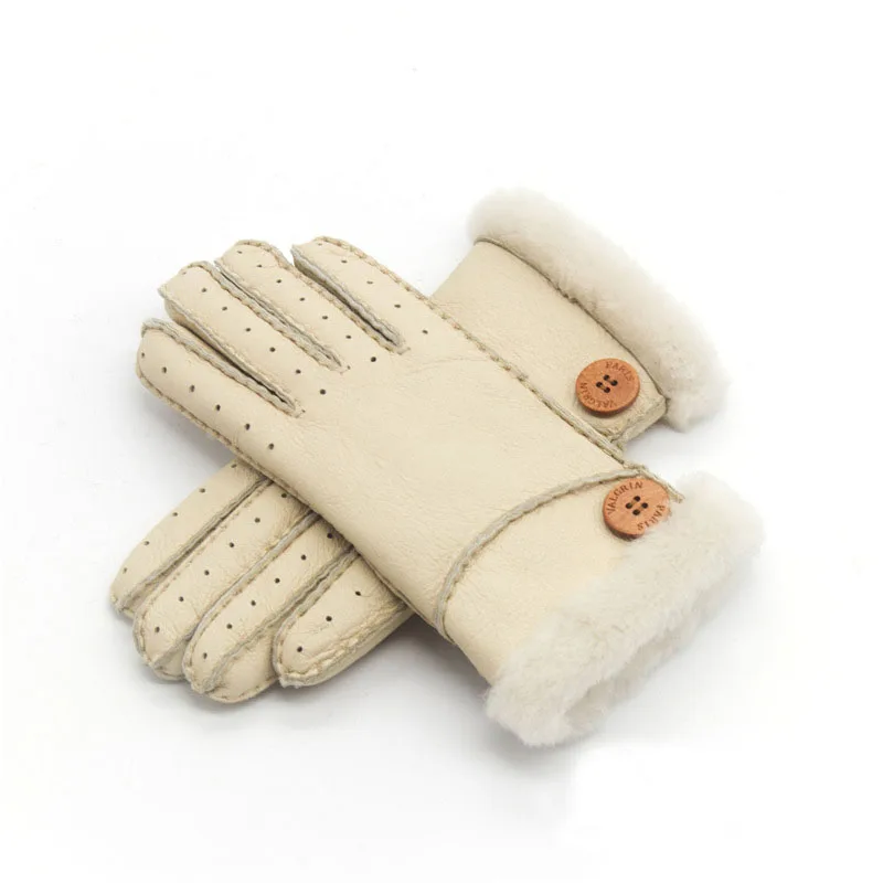 Женские перчатки из натуральной овчины, кожаные перчатки с милой пряжкой, Натуральная шерсть, овчина, мех, теплые перчатки для девочек