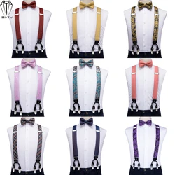 Designer Silk Mens suspenders Set 6 Clips Vintage Gold Red Blue Green White Purple Black Male Adjustable Men Braces Bowtie Hanky