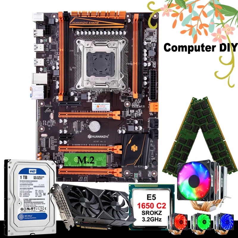 Best Price Computer DIY HUANANZHI deluxe X79 LGA2011 motherboard 1TB SATA HDD GTX1050Ti 4G CPU Xeon E5 1650 C2 with cooler RAM 16G(2*8G)