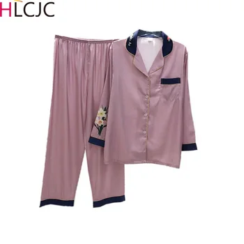 

Ins Womens Silk Satin Pajamas Pyjamas Set Long Sleeve Sleepwear Pijama Pajamas Suit Female Flower Homewear Set Loungewear Plus