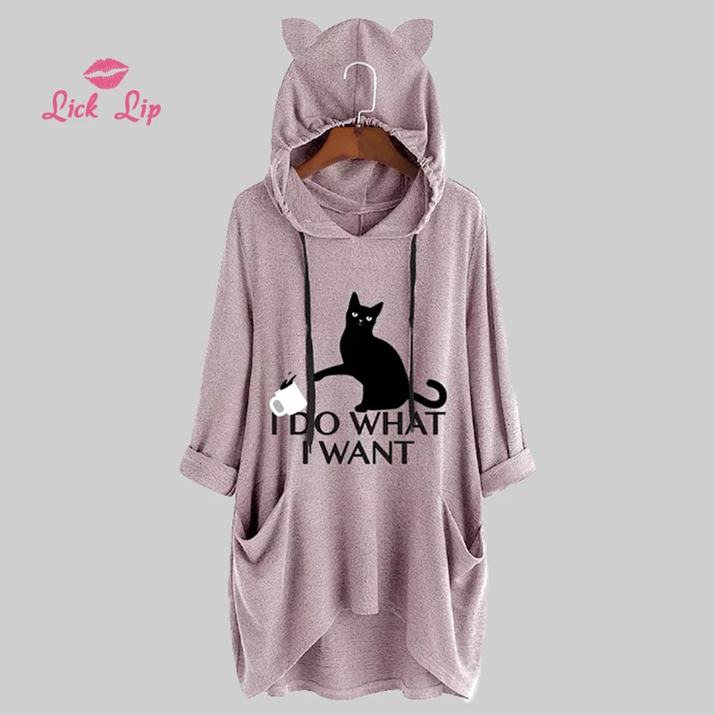 Lick губы Большой Размер 4XL 5XL кошка печать ночнушка Длинные рукава карман с капюшоном ночная рубашка милые свободные удобные Домашняя одежда SWA10116-3