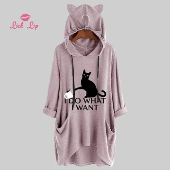 

Lick Lip Large Size 4XL 5XL Cat Printing Nightie Long Sleeves Pocket Hooded Nightgown Cute Loose Comfortable Homewear SWA10116-4
