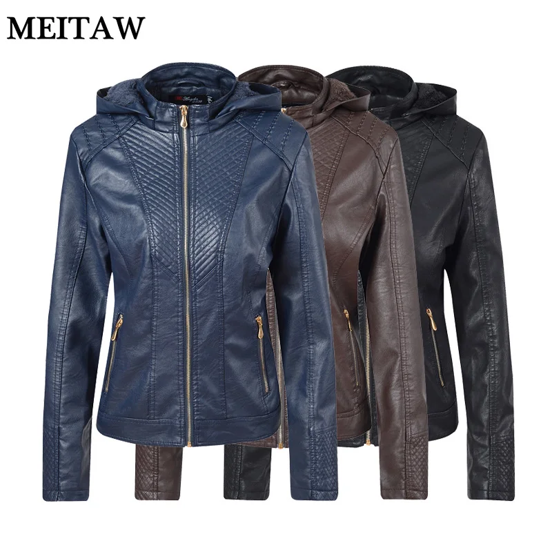 

2019 New Women Autumn Winter Velvet Warm Hooded Leather Jacket Faux Soft PU Leather Coat Female Motorcycle Black Jackets