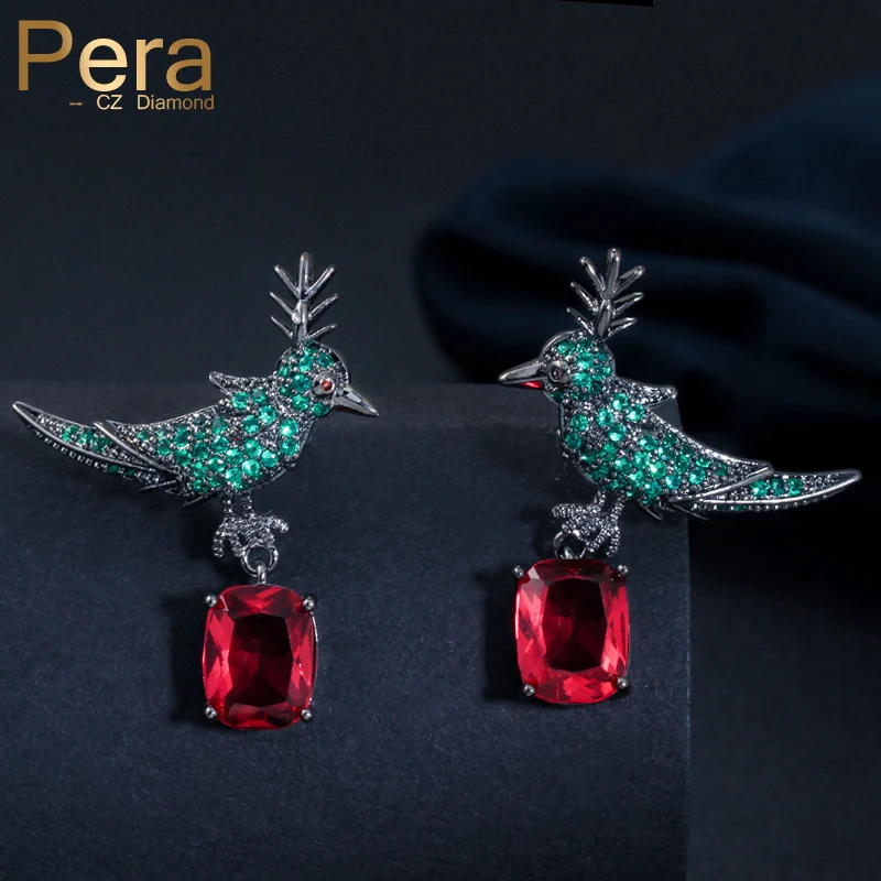 

Pera Unique Design Big Bird Shape Green And Red Zirconia Sterling Silver 925 Pin Women Long Drop Earrings For Prom Praty E327