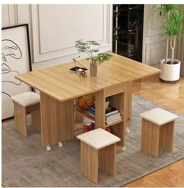 Household folding dining table movable telescopic rectangular multifunctional table and chair combined dining