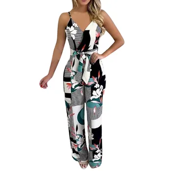 

Women Sexy V-Neck Striped Geometric Printed Jumpsuit Female Sleeveless Bandage Loose Long Jumpsuits Summer Casual Clothes 2020