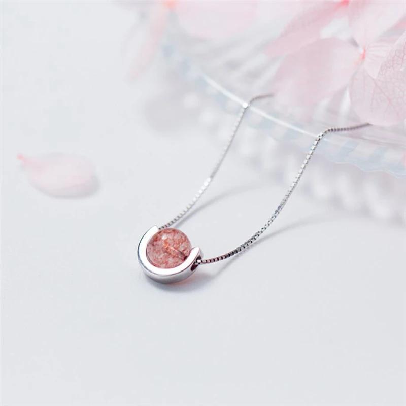 Heart Natural Strawberry Crystal Pink Wafer Bead Transit Silver Color Necklace For Women Fashion Jewelry Party Birthday Gift