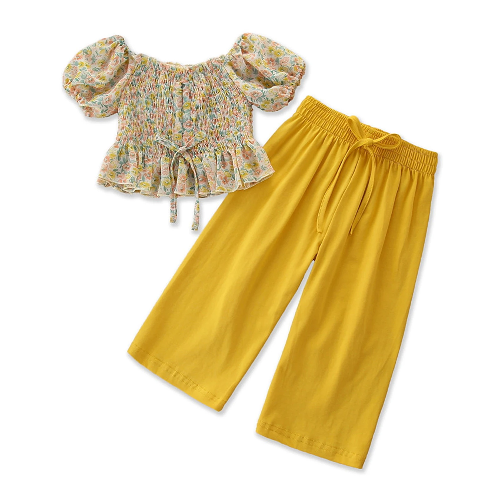 

OPPERIAYA Kids Baby Girl 2-piece summer casual Outfit Set Lantern Sleeve Floral print off shoulder Tops solid Pants for Children
