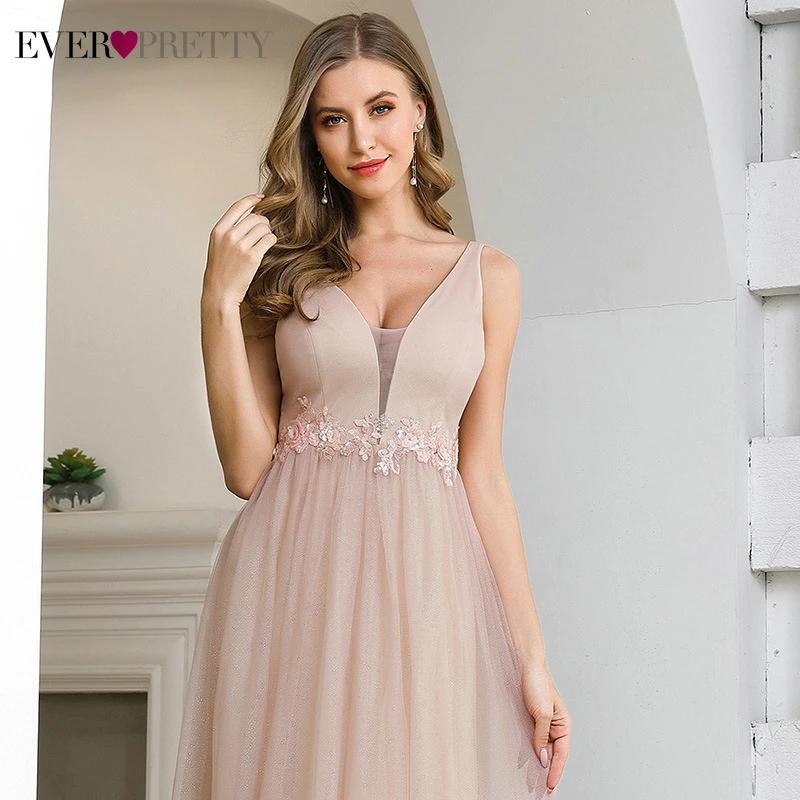 Pink Prom Dresses Ever Pretty EP00780PK Appliques A-Line Deep V-Neck Sleeveless Elegant Gala Dresses For Party Vestido Formatura