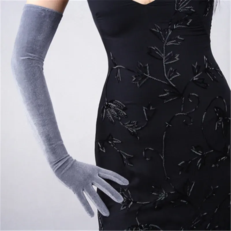 Новые 60 см черные велюровые перчатки очень длинные Над коленом Vestido de noche высокие эластичные черные Лебеди бархатные женские сенсорный экран WSR08 - Цвет: Серебристый