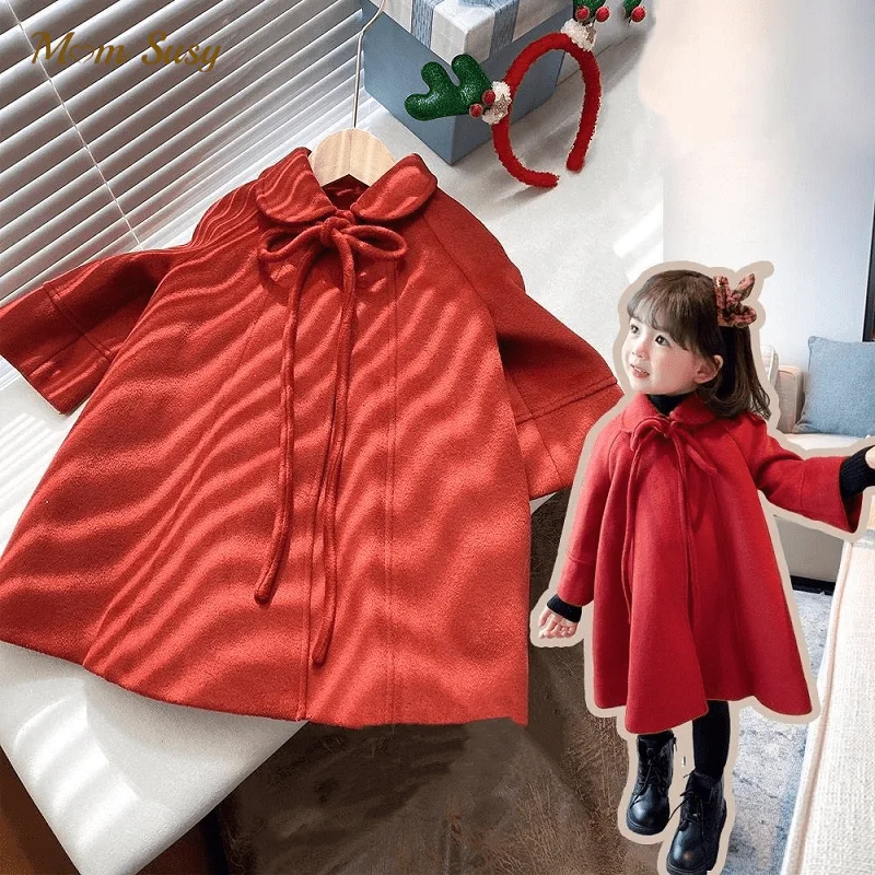 

Baby Girl Princess Christmas Woolen Jacket Warm Child Lapel Tweed Red Cloak Coat Spring Autumn Winter Baby Outwear Clothes 1-10Y