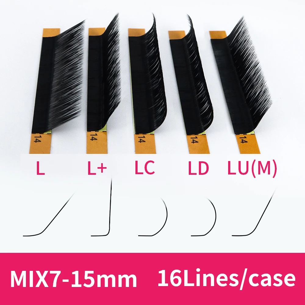 16 рядов/Чехол 7 ~ 15 мм Mix L + LC LD LU M N Lash Eyelash Curl Extension индивидуальные мягкие