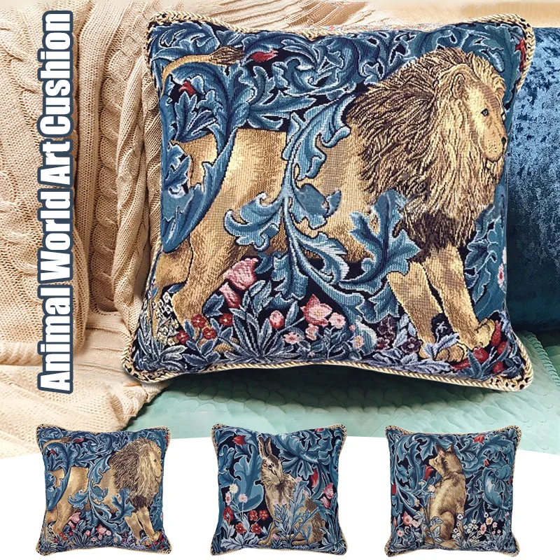 

Luxury France Style Gobelin Jacquard Floral Cushion Cover Animal Lion Fox Pattern Square Pillowcase Creative Car Sofa Home Decor