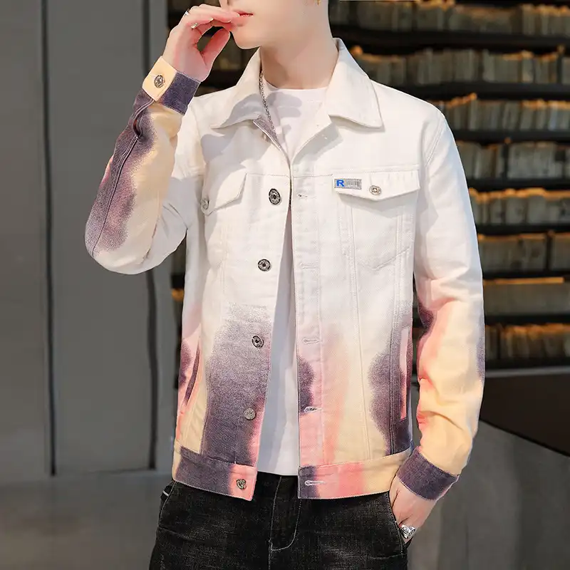 pink and white denim jacket