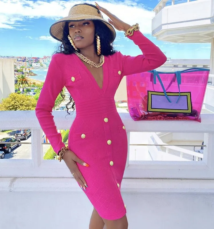 

Women Sexy Long Sleeve V Neck Hot Pink Orange Button Winter Bodycon Bandage Dress Ladies Elegant Celebrity Evening Party Dress