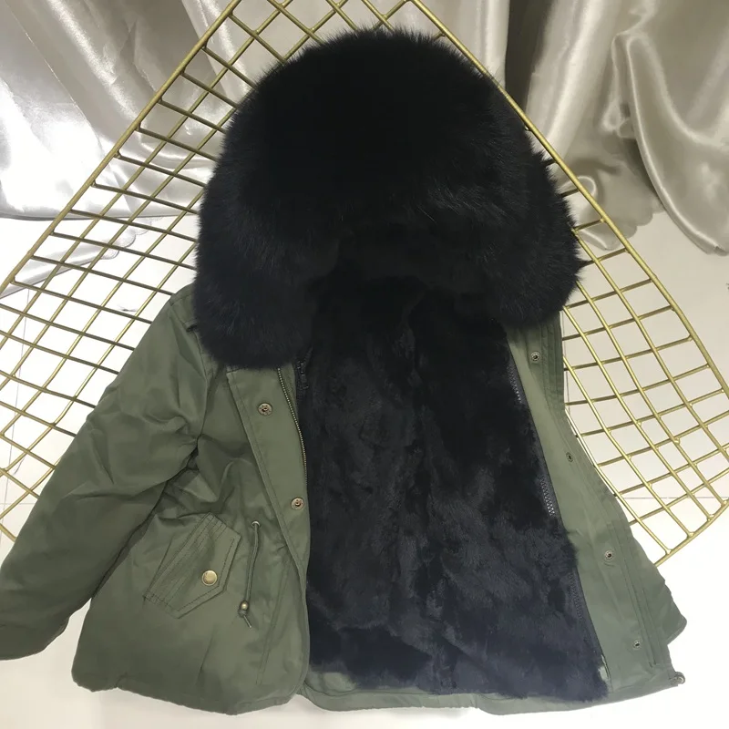 Одежда для маленьких девочек зимняя куртка Настоящий мех кролика парка для девочек, зимние пальто с лисьим мехом, с капюшоном, отделка, одежда для маленьких мальчиков - Цвет: green black fur