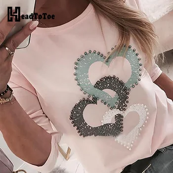 

Beaded Heart Print Round Neck Long Sleeve T-shirt Women Casual Spring Autumn T Shirt Tops
