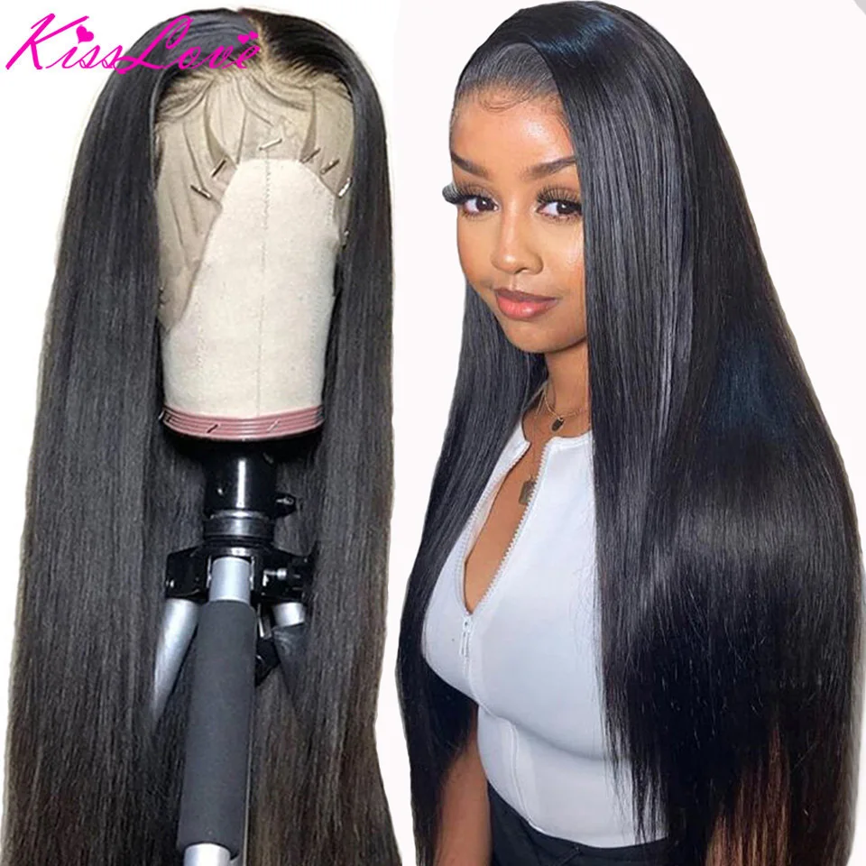 Pelucas de cabello humano con encaje Frontal, 13x6, 13x4, sin pegamento, brasileño, recto, 4x4, cierre de encaje, Remy KissLove