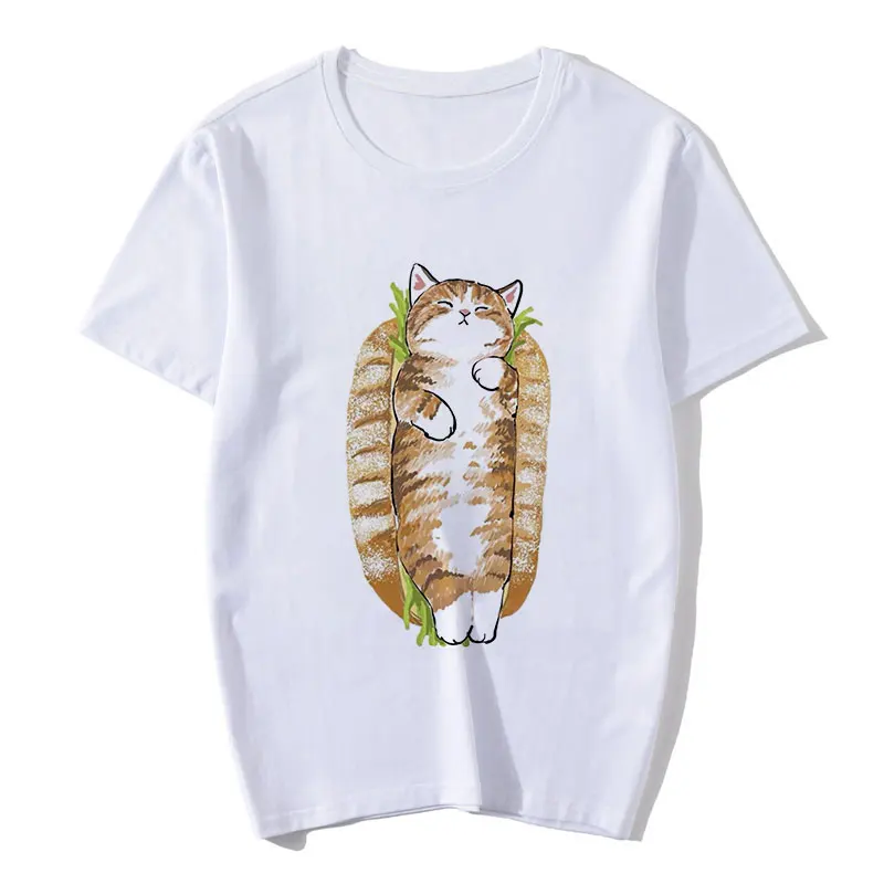 2021 European And American Style Summer Super Hot Net Red Hot Hamburger Cat Print Ladies Short-sleeved Couple T-shirt Loose Top 2